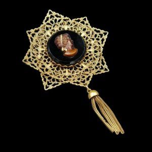 Vintage W. Germany Filigree Cameo Tassel Brooch